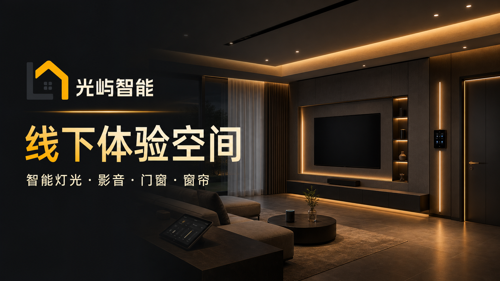 光屿智能品牌 Logo 与智能灯光、影音、门窗和窗帘线下体验空间完整生成海报