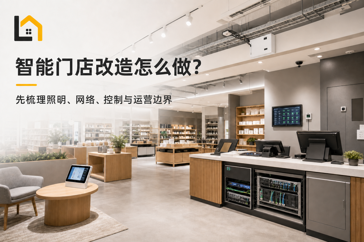 光屿智能智能门店改造方案海报，展示分区照明、网络与控制设备