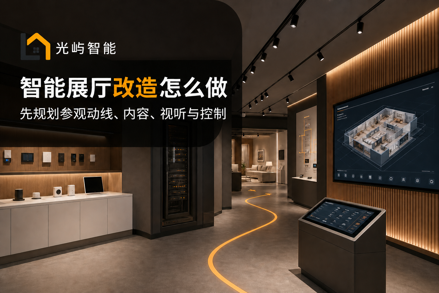 光屿智能智能展厅改造规划海报，展示参观动线、分区照明、视听与控制系统