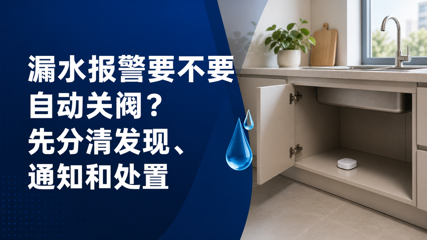 水槽柜中的水浸传感器与水滴概念图，叠加完整文章标题