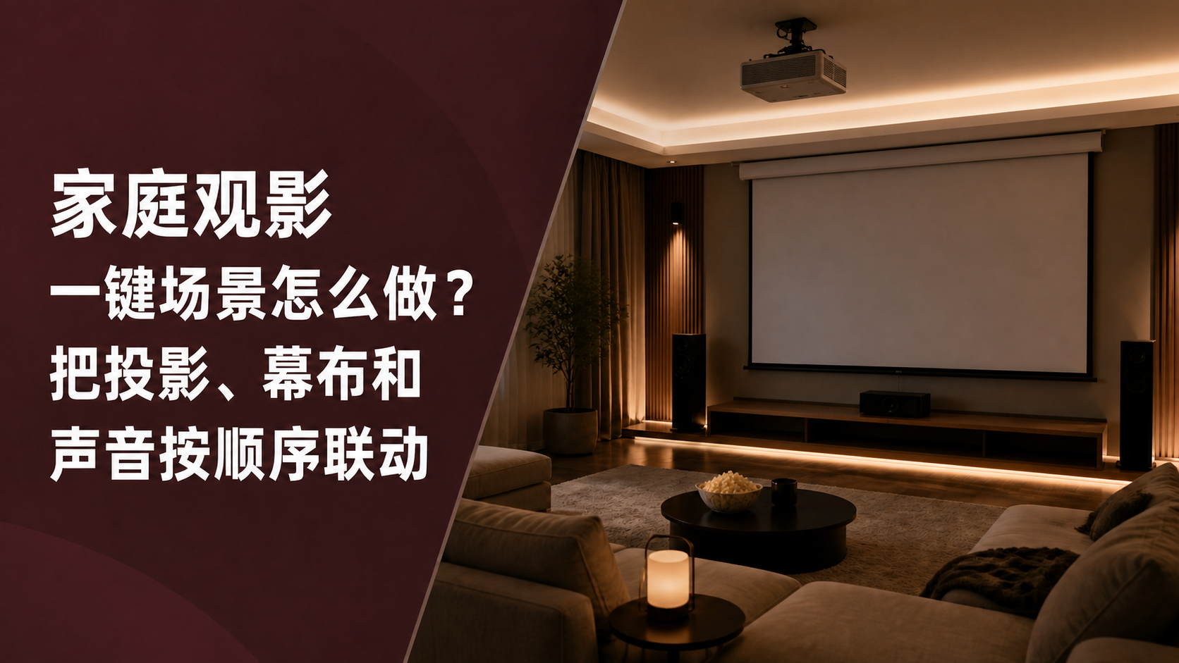 投影机朝向降下的幕布，音响与低位灯光组成观影场景，叠加完整文章标题