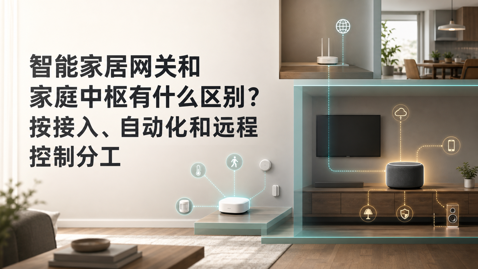 智能家居网关、家庭中枢与路由器按接入、自动化和远程控制分工的场景