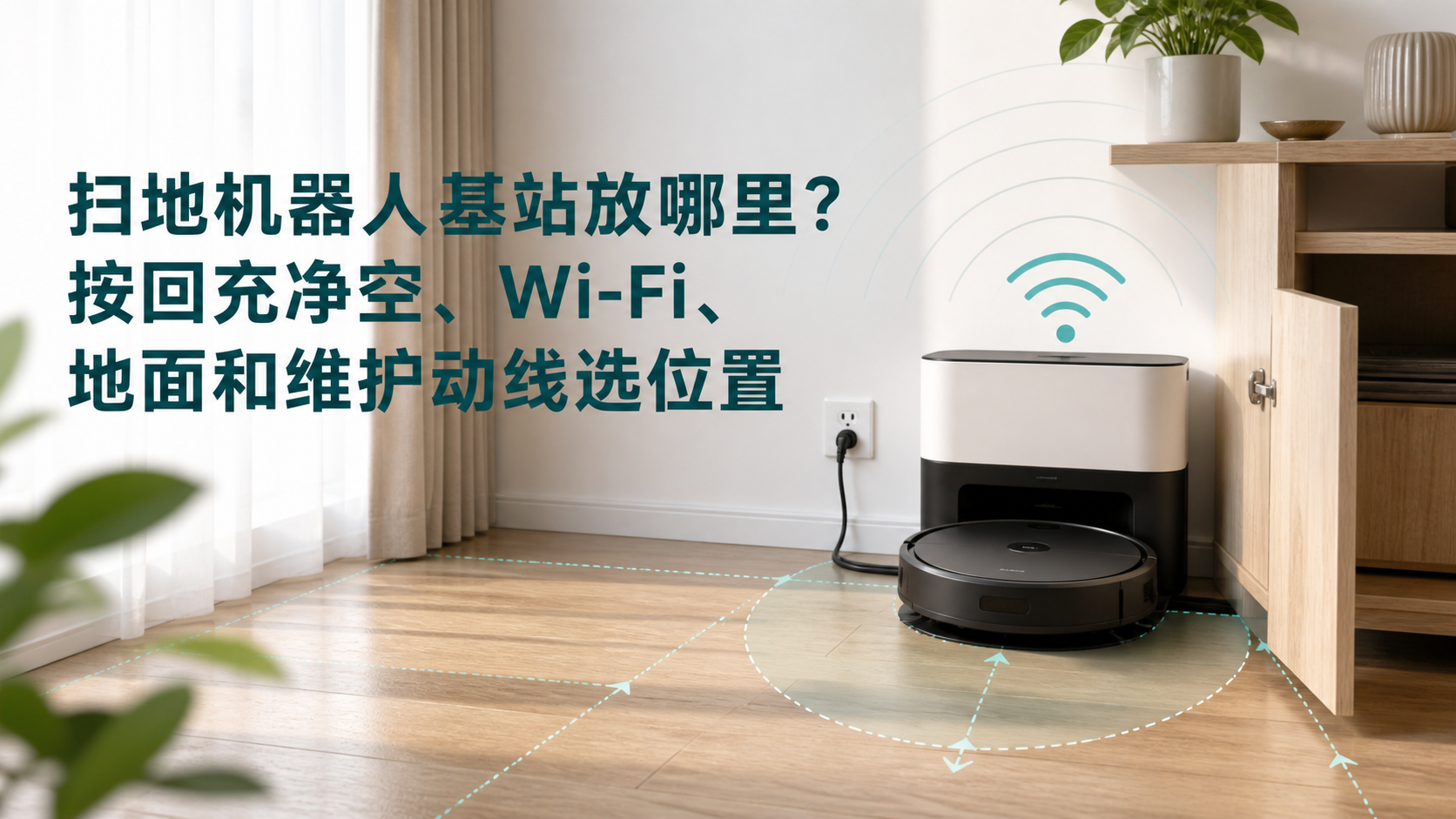 文章封面：扫地机器人基站放哪里？按回充净空、Wi-Fi、地面和维护动线选位置