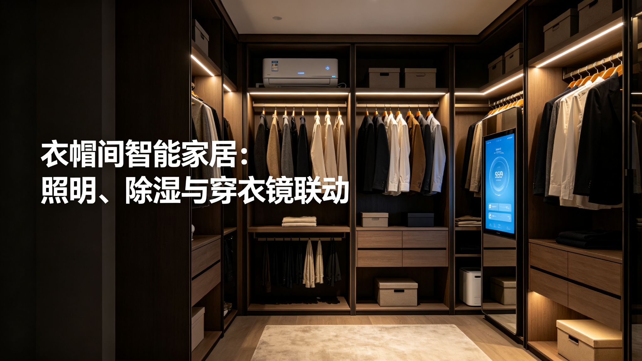 衣帽间智能家居:照明、除湿与穿衣镜联动